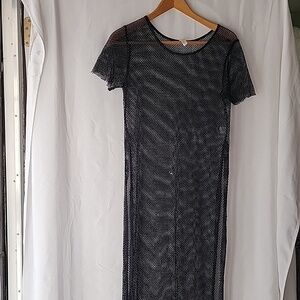 Women's Love Nation Black Full Length Fish Net Dress Waist Side Slits, Size: XL